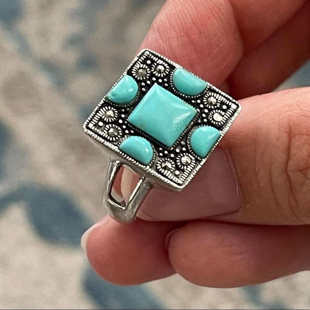Turquoise marcasite sterling silver ring - Picture 3 of 8